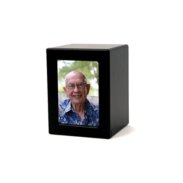 Urn van hout in matte zwart met foto